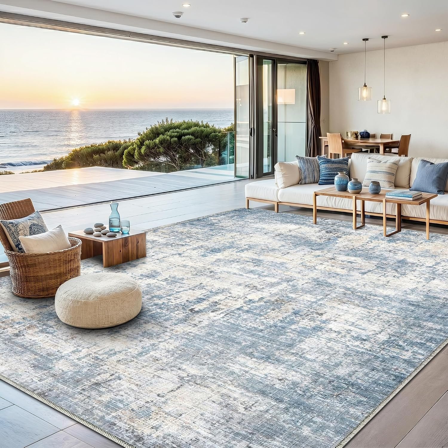 8×10 Area Rugs Washable Living Room Rug-No Slip Soft Carpets Modern Abstract Coastal Beach Indoor Floor Stain Resistant Large Carpet for Bedroom Dining Room Farmhouse Nursery Home Office Blue