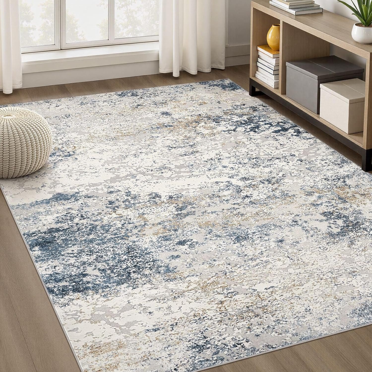 Area Rug Living Room Rugs – 5×7 Abstract Large Soft Indoor Washable Rug Neutral Modern Low Pile Carpet for Bedroom Dining Room Farmhouse Home Office – Beige Blue