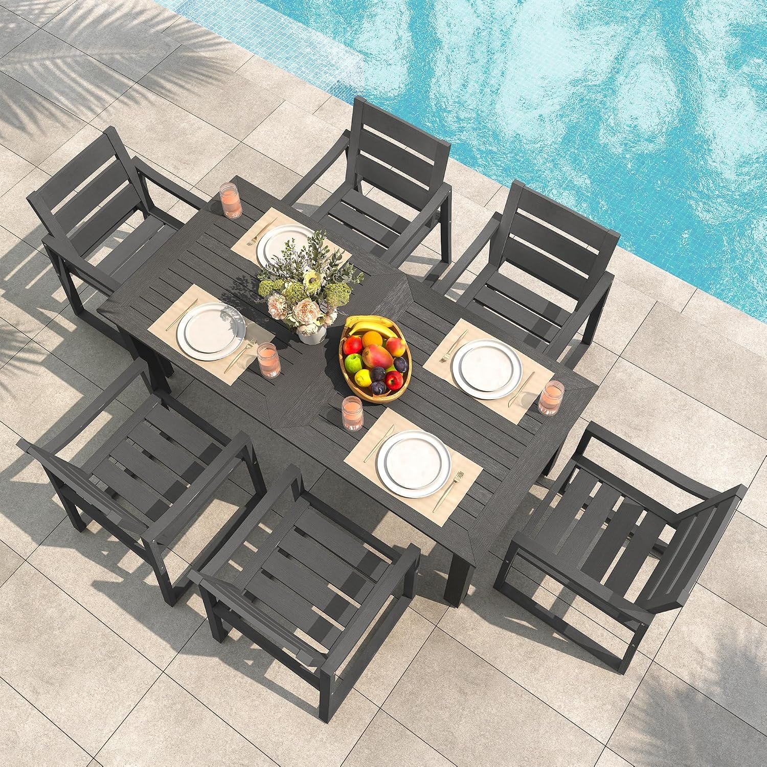 Cozyman Patio Table and Chairs Set, HDPS Outdoor Dining Set for 6, Patio Furniture for Deck, Poolside, and Backyard, Dark Gray