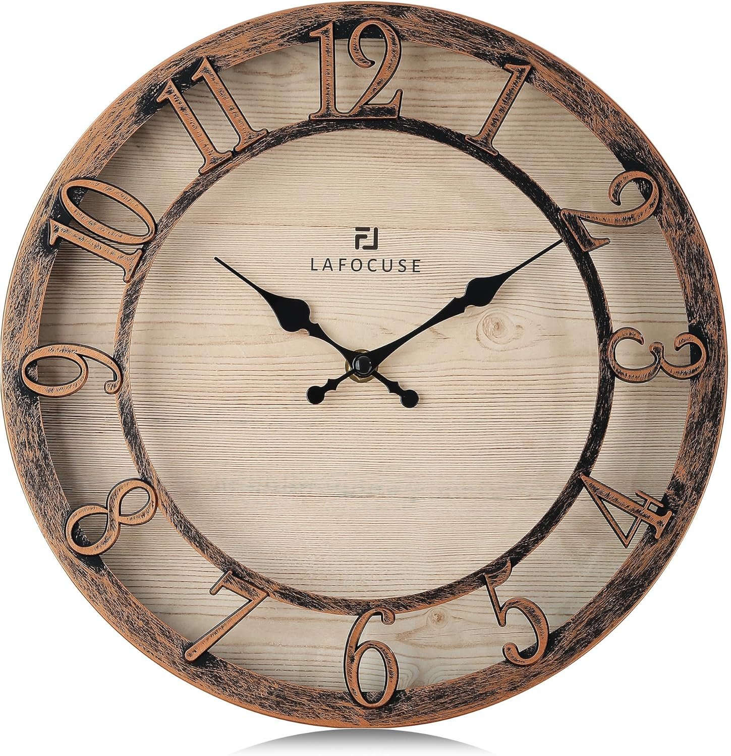 Lafocuse 12 Inch Brown Kitchen Farmhouse Wall Clocks Battery Operated | Raised 3D Numbers, Silent Non-Ticking, Wood-Grain Dial, Vintage Antique Rustic Distressed Style for Living Room Decor Bedroom