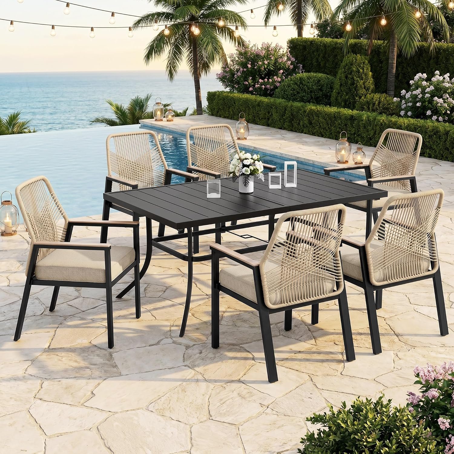 7pc Patio Dining Set for 6, Outdoor 59″ Metal Table & Woven Rattan Chairs | 6 cushioned chairs + rectangle steel table. Waterproof, stain-resistant & wipe-clean. Ideal for backyard, garden & poolside.