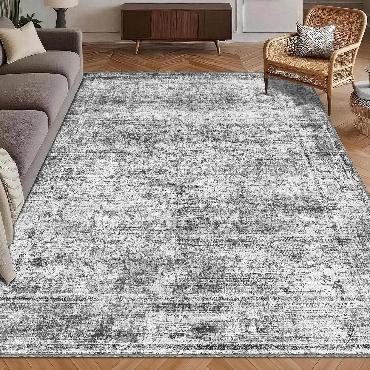 Washable Area Rug 5′ x 7′ Vintage Traditional Persian Mat – Foldable Distressed Non-Slip Machine Washable Carpet for Living Room Bedroom Kitchen Home Decor – Graphite and Mist