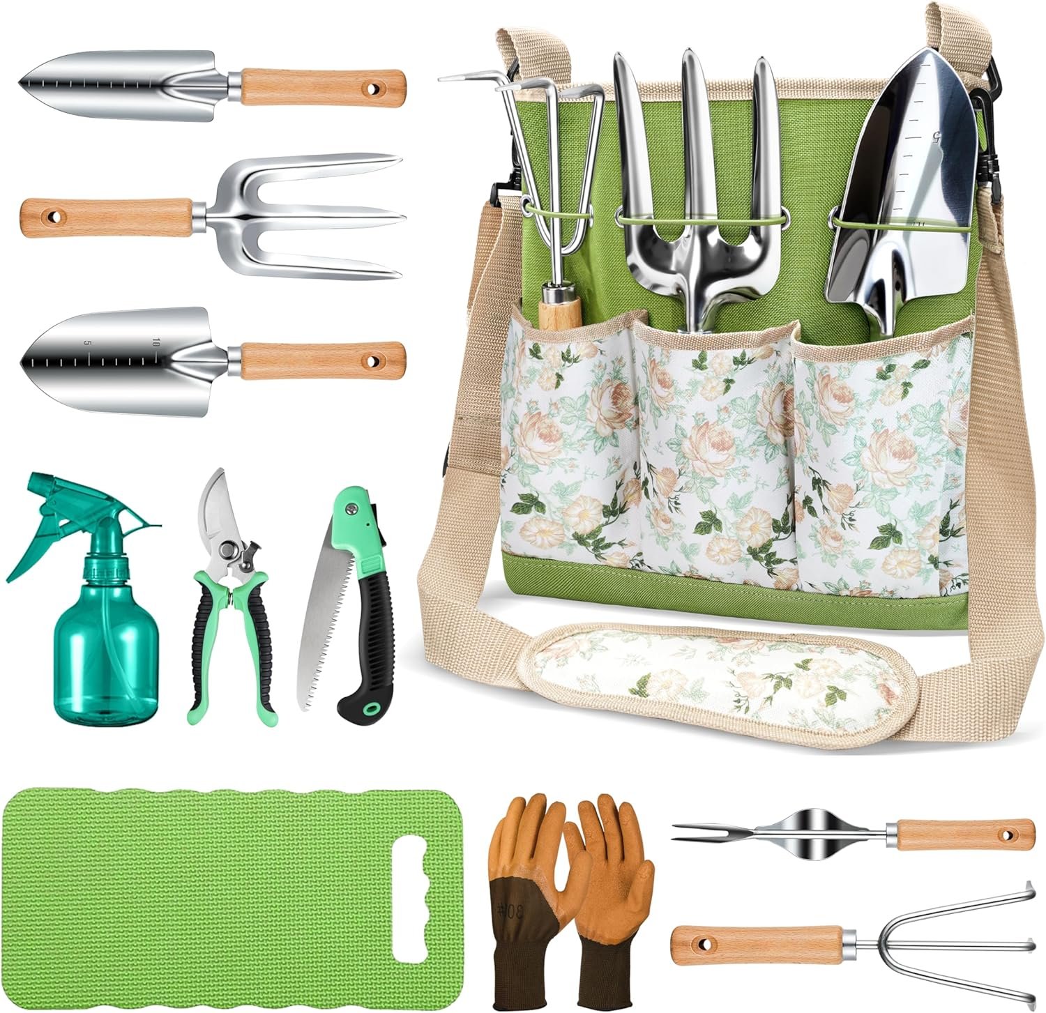 Grenebo All-in-One Garden Tool Set, 11-Piece Heavy Duty Gardening Tools with Ergonomic Canvas Shoulder Crossbody Bag, Rust-Proof Premium Garden Tool Kit, Gardening Gift for Women Men, Green, GR003