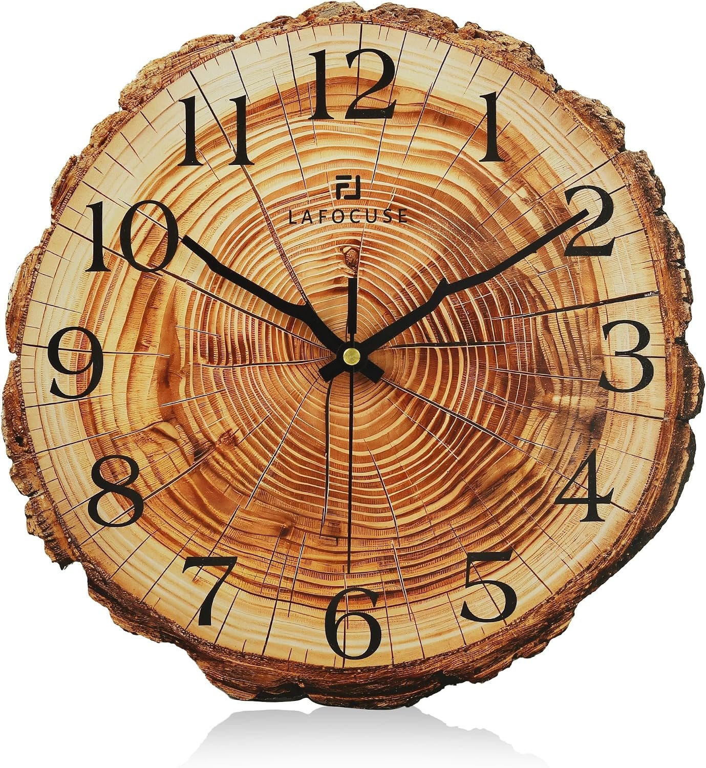 Lafocuse 12 Inch Brown Wooden Rustic Wall Clock for Kitchen Living Room | Annual Ring Tree Stump Design, Battery Operated, Silent Non Ticking, Durable Thickened Dial, Vintage Farmhouse Home Decor