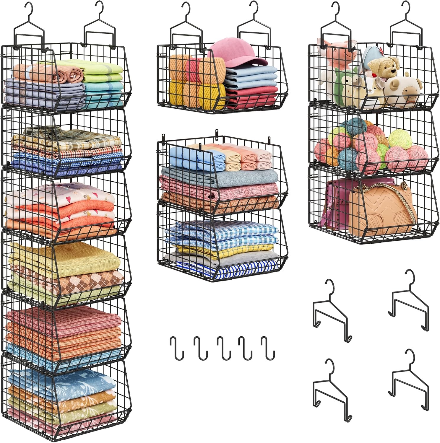 6-Tier Extended Depth Hanging Closet Organizers and Storage for Closet Organization, Stackable Hanging Shelves with Hooks for Clothes Sweaters Towels Purses, Fits Closet Shelves & Wire Metal Shelving