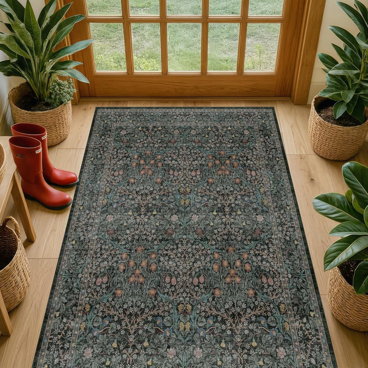 Vintage Floral Dark Green 3×5 Area Rugs for Entryway, Kitchen, Bedroom Beside Rug, Laundry Room, Non-Slip Low Pile Ultra Soft Stain Resistant Small Carpet