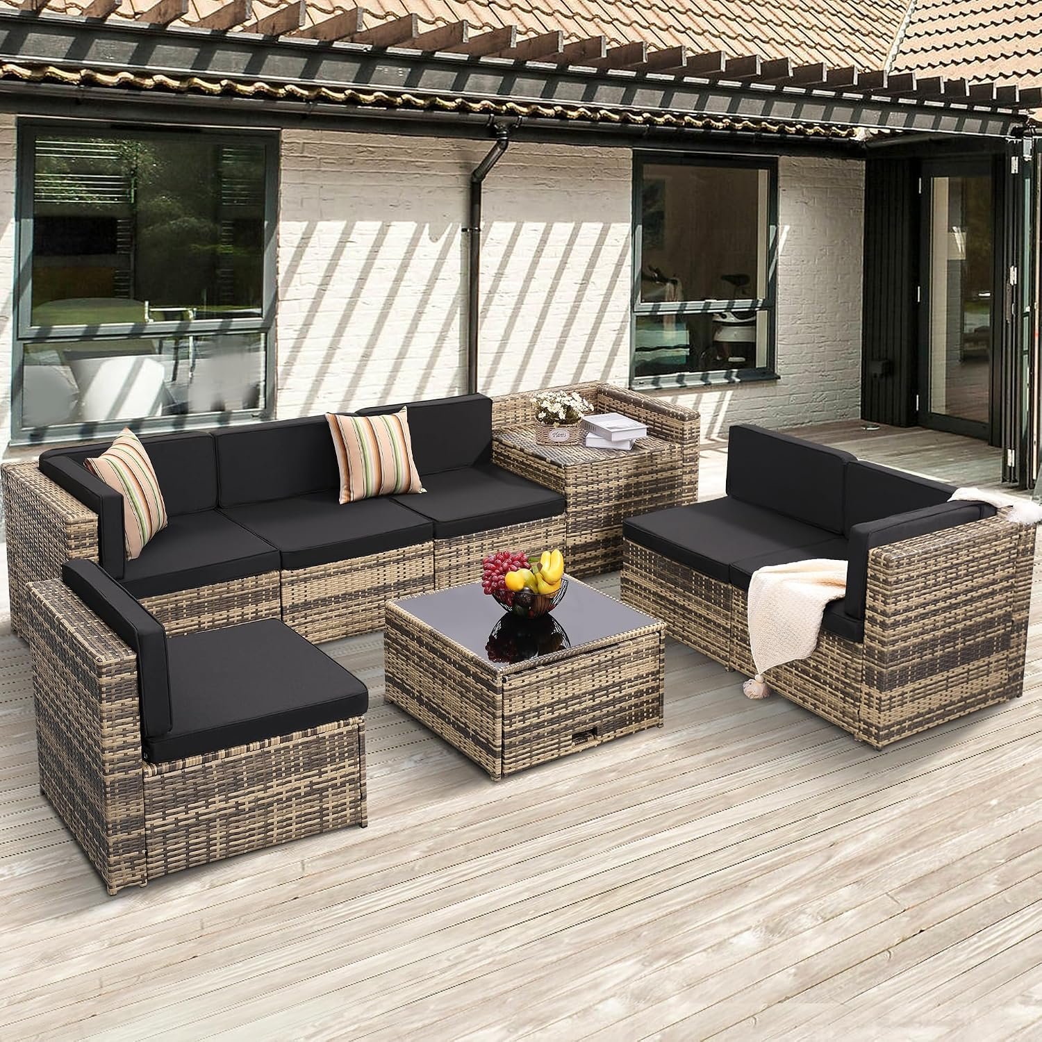 KROFEM 8-Piece Patio Furniture Set, Outdoor Wicker Rattan Sectional with Thick Cushions, Glass Top Table with Hidden Storage, Outdoor Conversation Set for Backyard, Porch, Patio, Black
