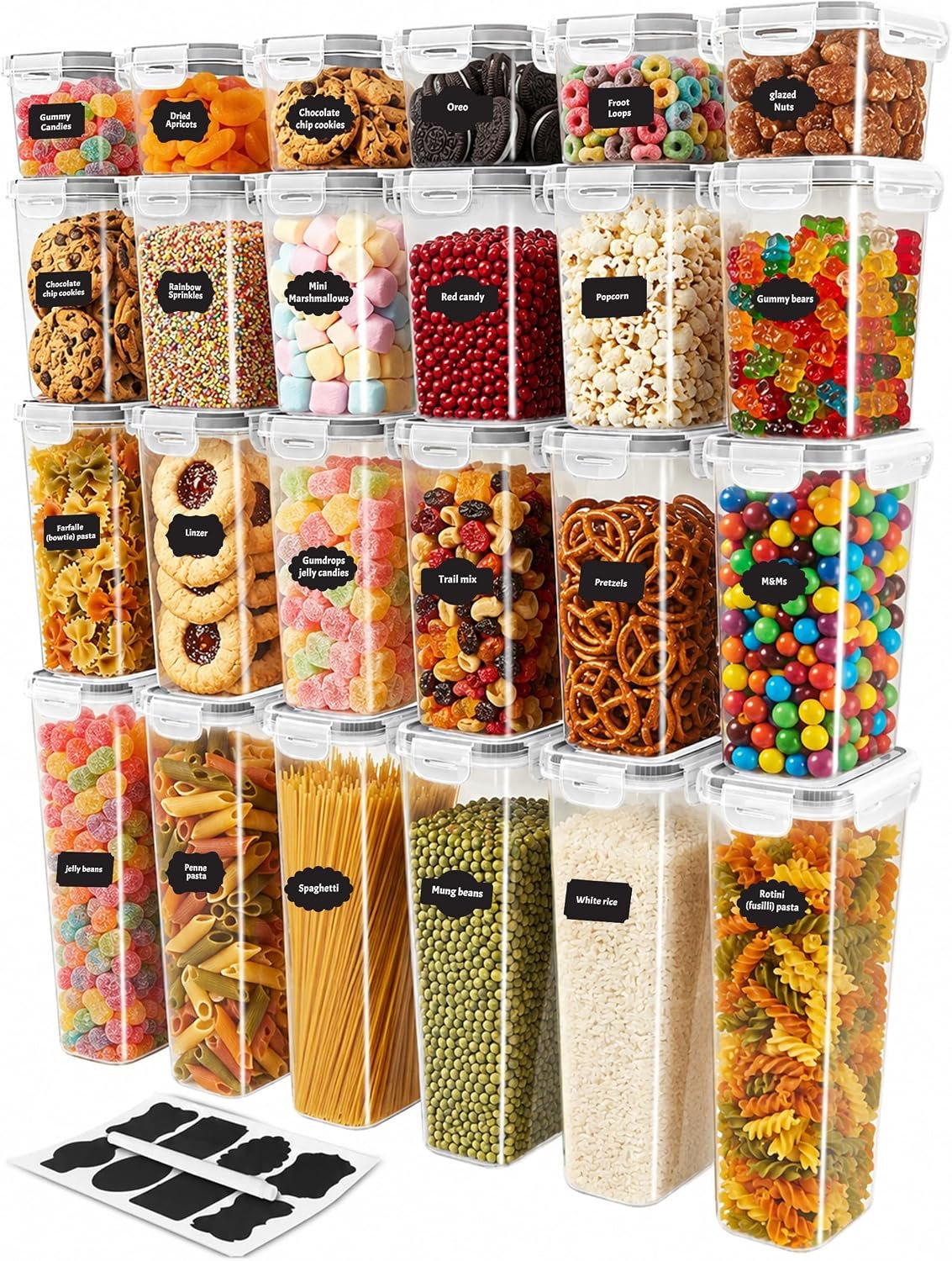 KICHLY Plastic Airtight Food Storage Containers Sets with Lids – 24 Pack BPA-Free Kitchen Pantry Organizers and Storage for Cereal, Flour, Sugar & Dry Food (Clear)