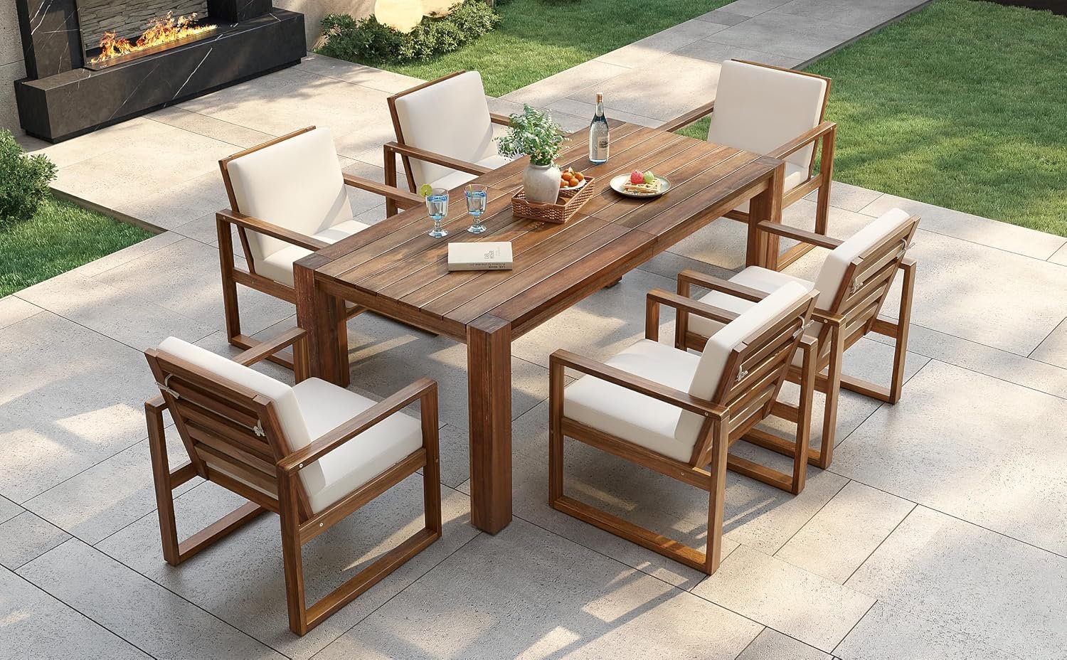Outdoor Patio Dining Table and Chairs Set for 6, 7 PCS Patio Furniture Set | Outdoor Dining Set for 6 with Umbrella Hole, Wood Frame with Removable Cushion for Garden, Backyard, Lawn and Poolside