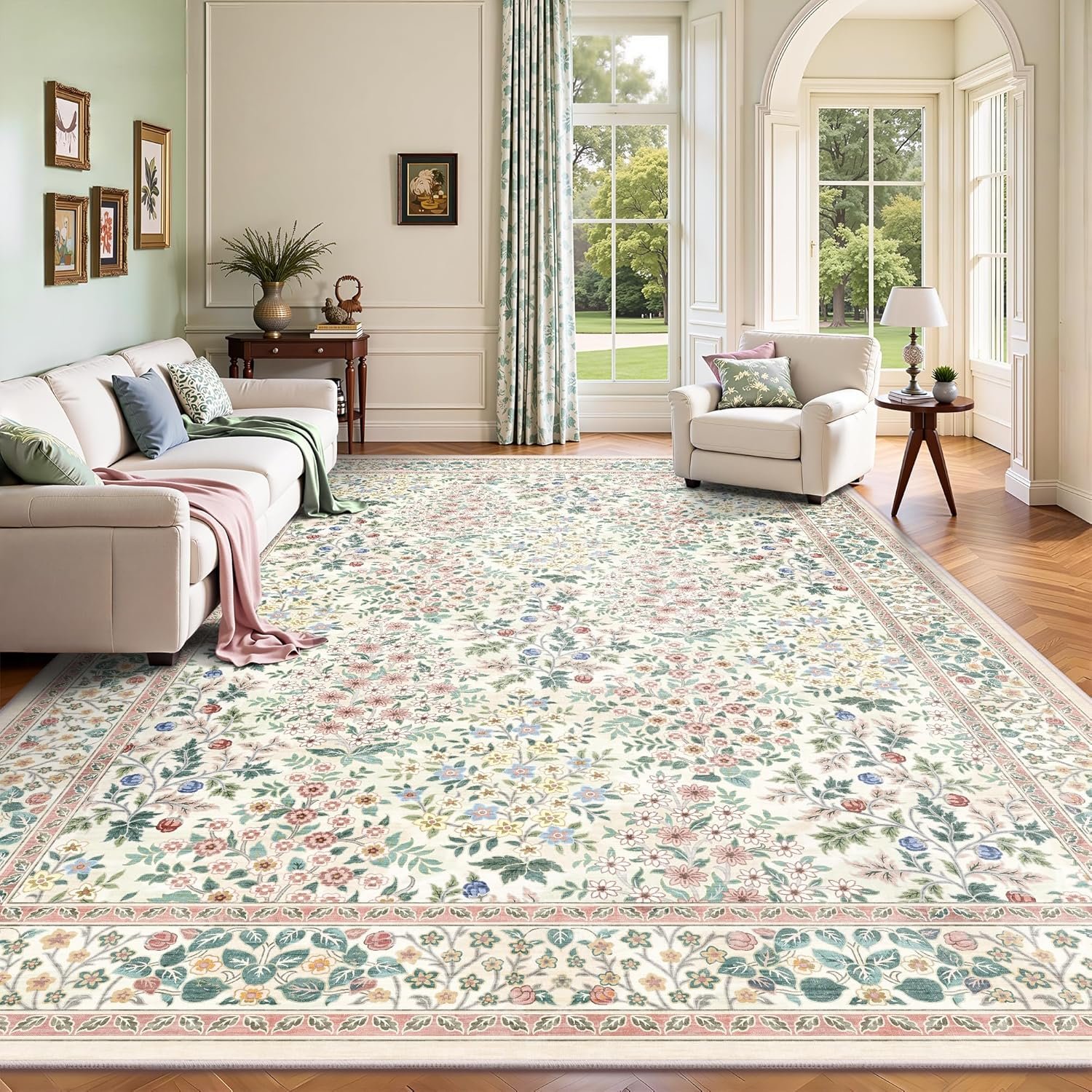 8×10 Area Rugs, Machine Washable Low Pile Floral Rugs for Living Room, Bedroom, Large Boho Area Rug with Non-Slip Backing for Dining Room(Pink Floral)