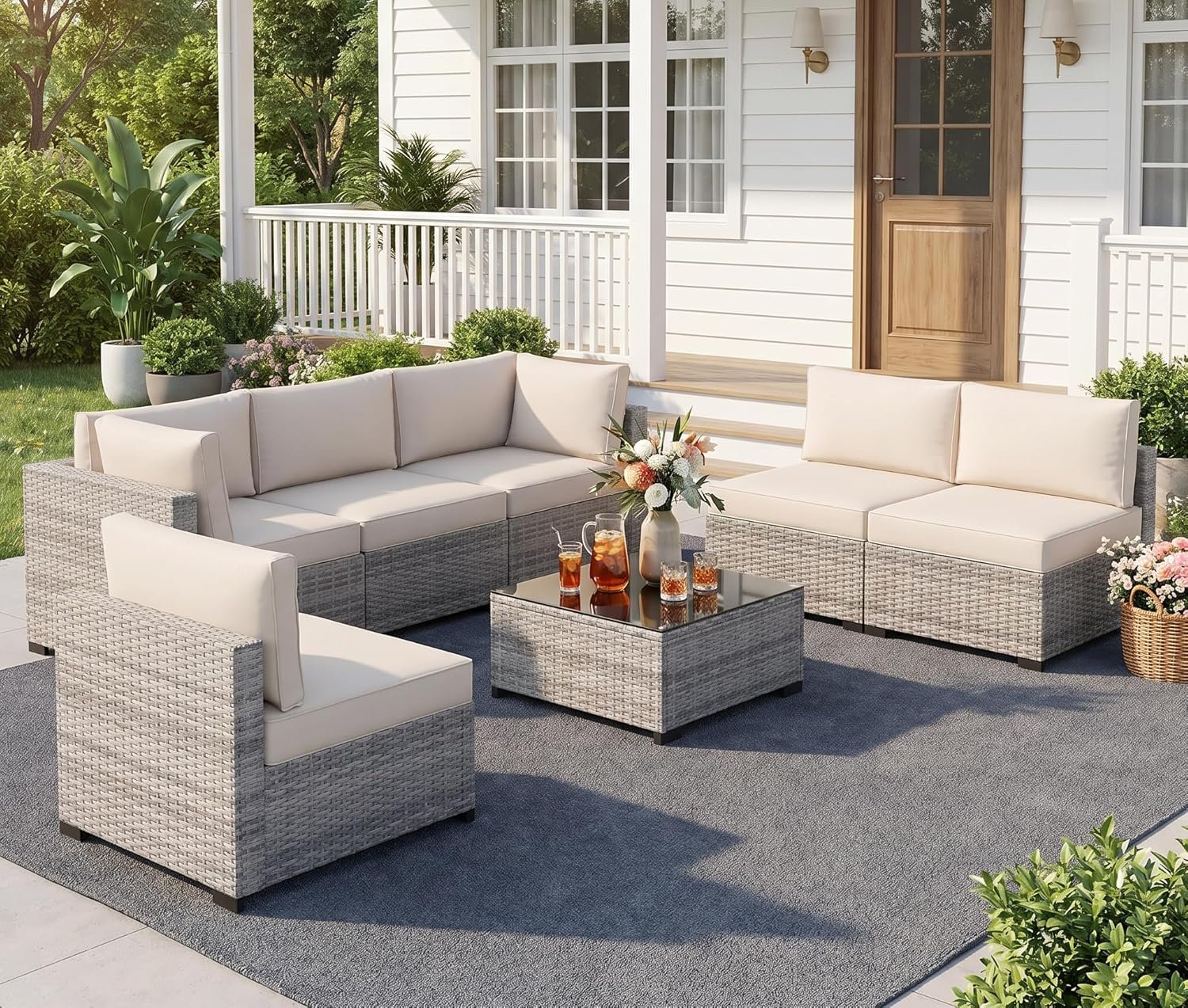 LOUVIXA 7 Piece Outdoor Patio Furniture Set, Outdoor Sectional Sofa, Wicker Rattan Patio Furniture, Patio Conversation Set with Coffee Table & Cushions