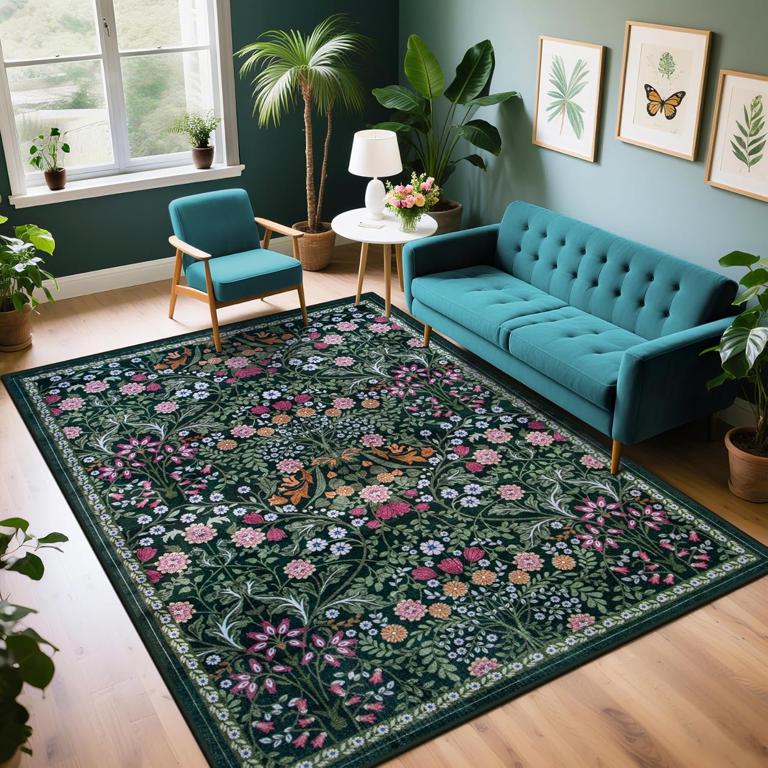 6×9 Area Rugs for Living Room: Floral Washable Rug Vintage Large Soft Boho Non-Slip Carpet Indoor Stain Resistant Thin Carpets for Bedroom Dining Room Farmhouse Nursery Hallway Home Office Dark Green