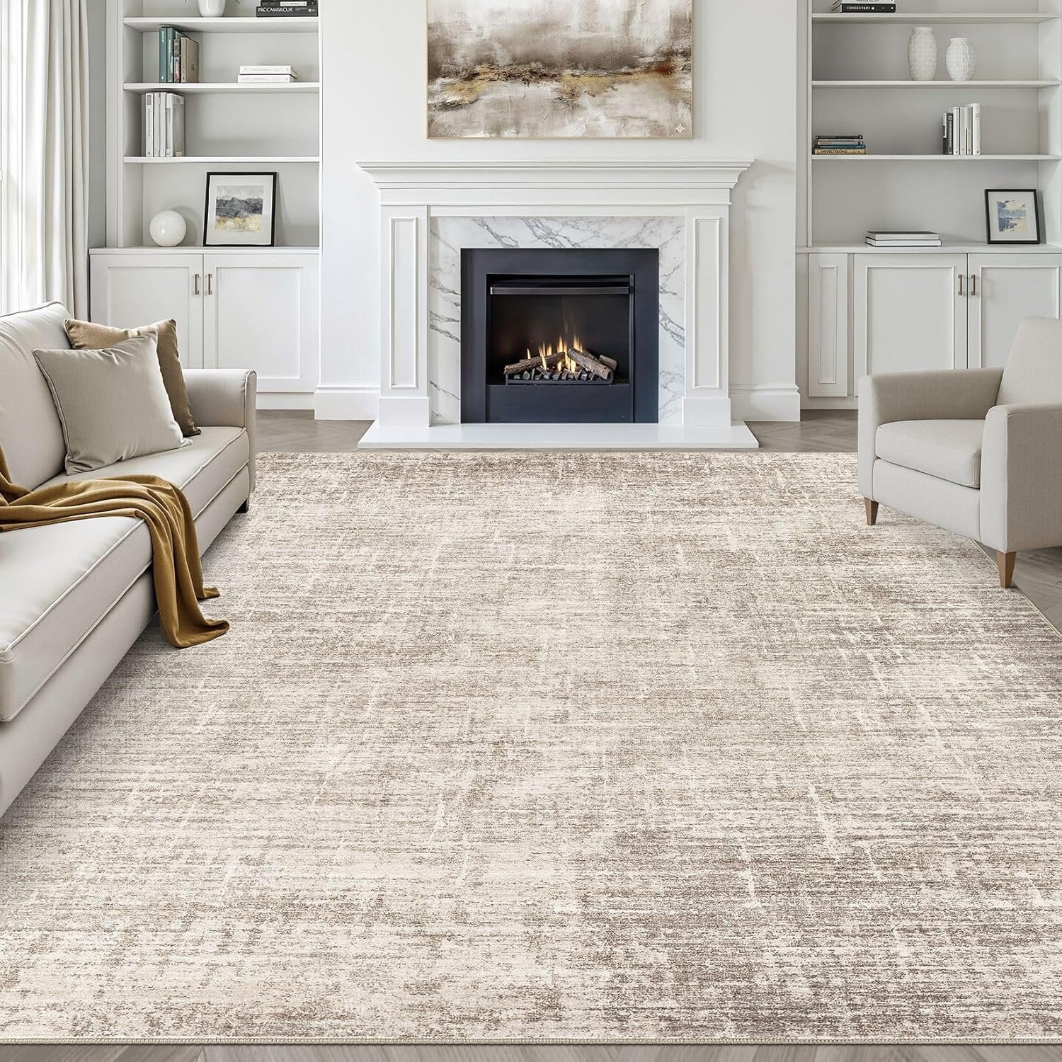 9×12 Area Rug Living Room: Washable Large Neutral Brown Rugs Abstract Soft Modern Stain Resistant Indoor Floor Non-Slip Carpet for Bedroom Nursery Kids Office Playroom Dining Room Under Table Home