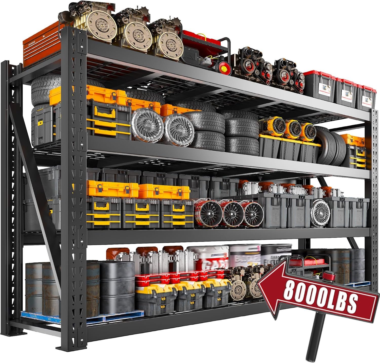 Bepatio 8000LBS Heavy Duty Garage Shelving,77″ W Industrial Storage Shelves,4 Tier Adjustable Metal Shelving Unit,Rust Proof Large Tall Steel Rack for Shop,Basement,Warehouse,Commercial 24″ D x 72″ H