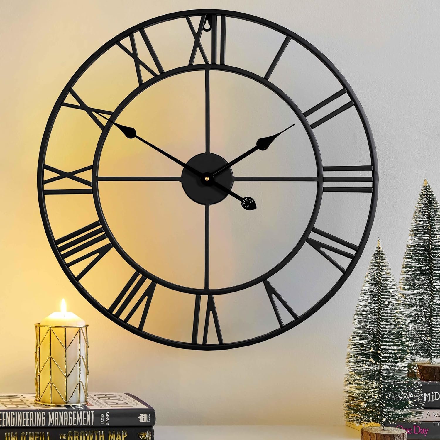 CLXEAST Silent 24 Inch Wall Clocks for Living Room Decor, Large Black Metal Roman Numeral Wall Clocks for Modern Farmhouse Home Decor,House Warming Gifts New Home