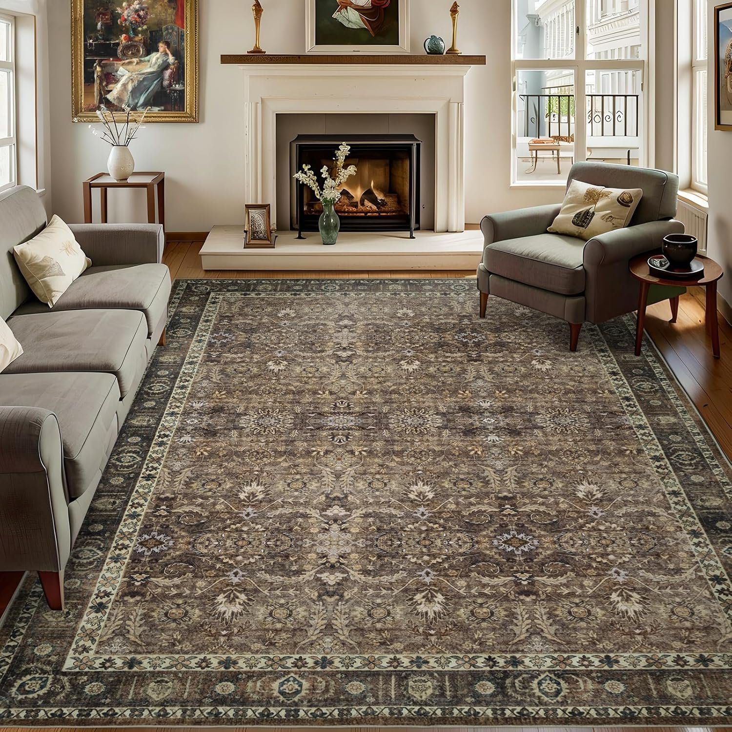 8×10 Vintage Washable Area Rug for Living Room,Non Slip Boho Carpet Non-Shedding Large Area Rug Soft Indoor Stain Resistant Rug Floral Print Mat for Bedroom Dining Room Brown Floral