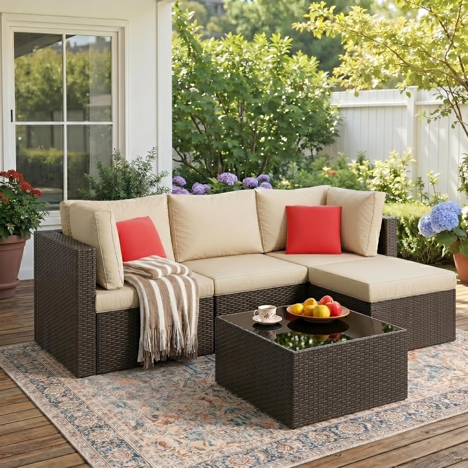 Vongrasig 5 Piece Patio Furniture Sets, Outdoor Patio Set Sectional Sofa, All-Weather PE Rattan Outdoor Couch with Ottoman, Glass Table for Garden, Backyard, Porch, Beige