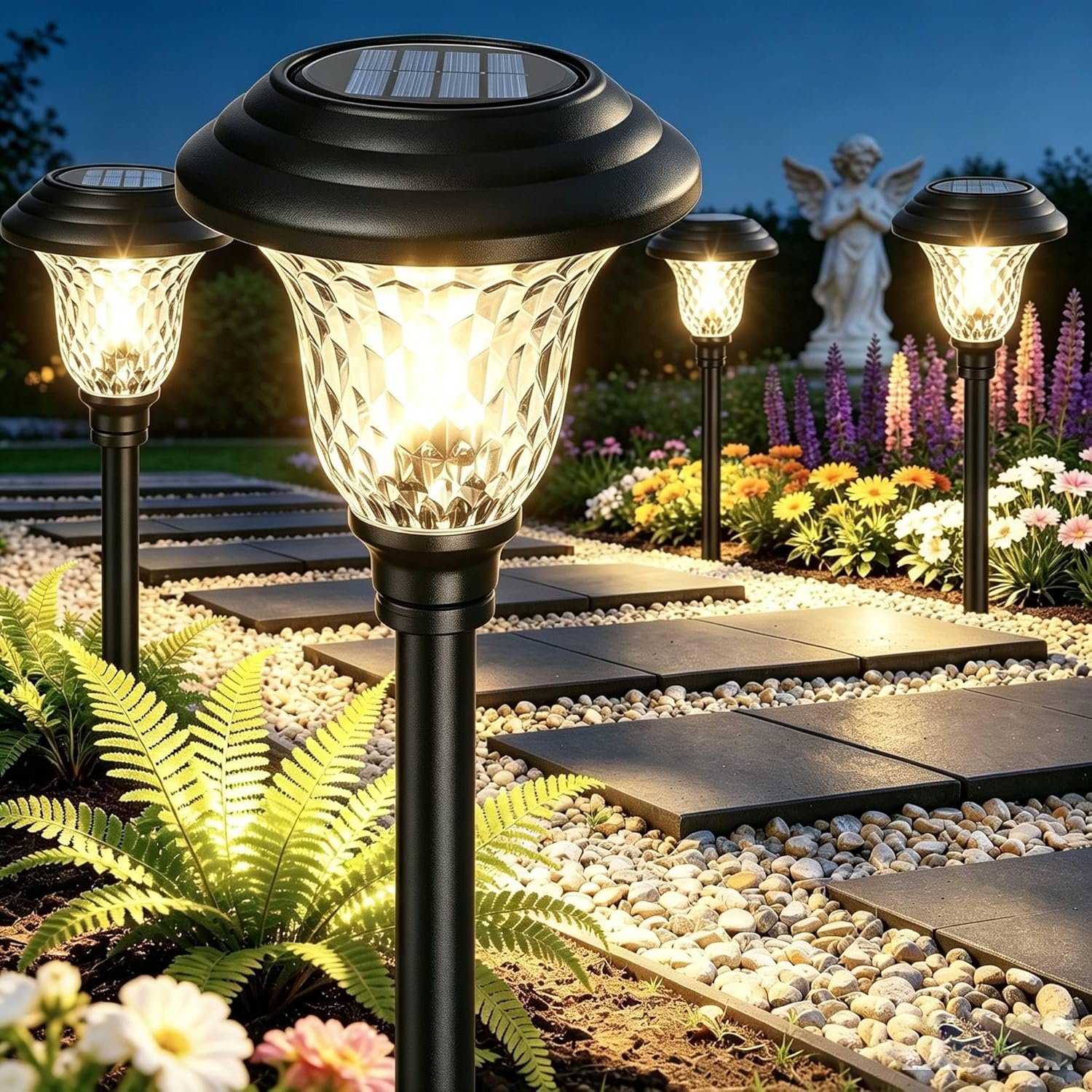 BEAU JARDIN 8 Pack Solar Pathway Lights White+Color Changing Stainless Steel 3 Mode Outdoor Multicolor Metal Solar Powered Waterproof Glass for Garden Landscape Path Yard Walkway Driveway Black