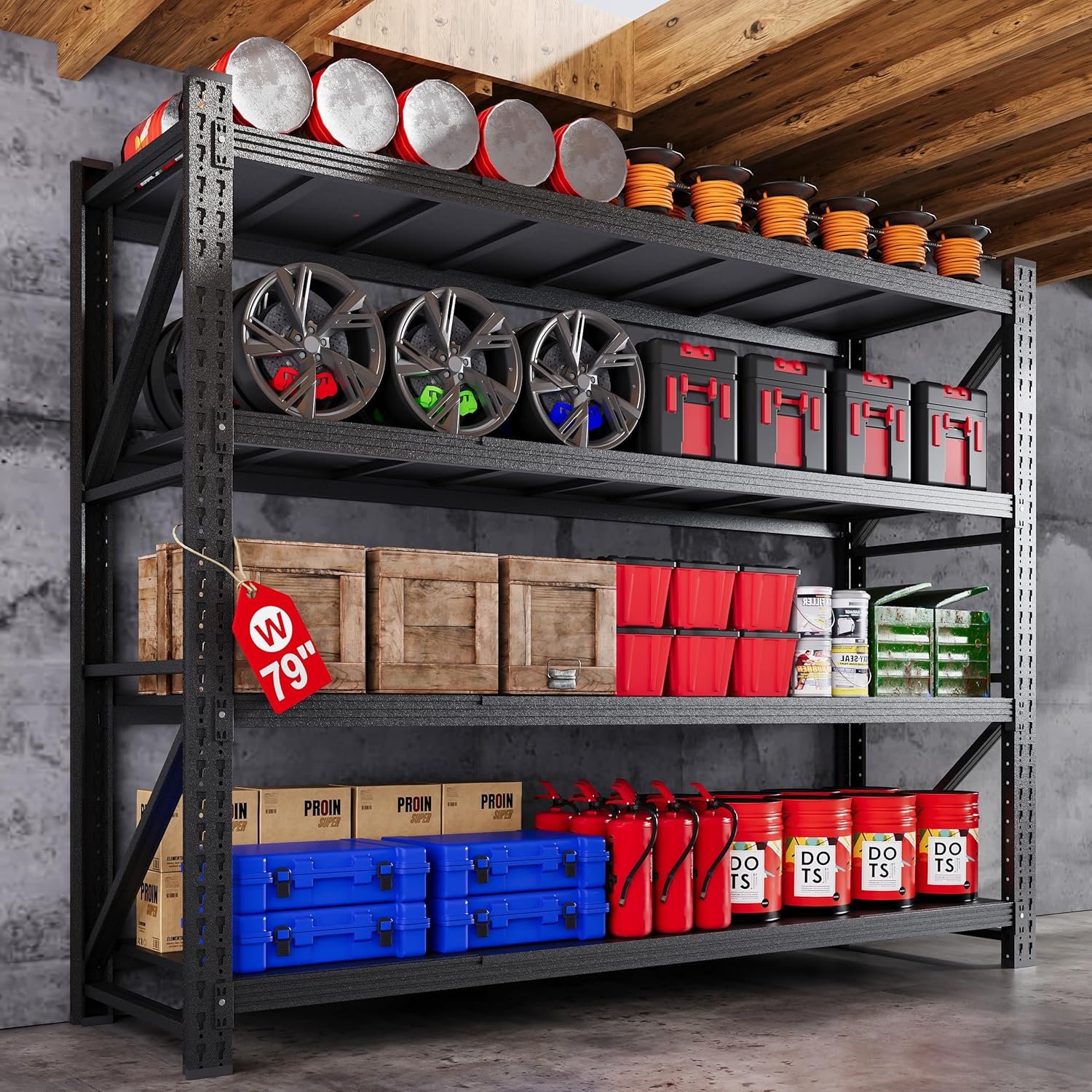 79”W Garage Shelving Heavy Duty, 6000LBS Metal Storage Shelves, 24” Deep Storage rack shelf, Steel Tall Industrial Shelving , 4 Tier Adjustable Standing Shelf for Warehouse / Shop 79″W x 24″D x 79″H