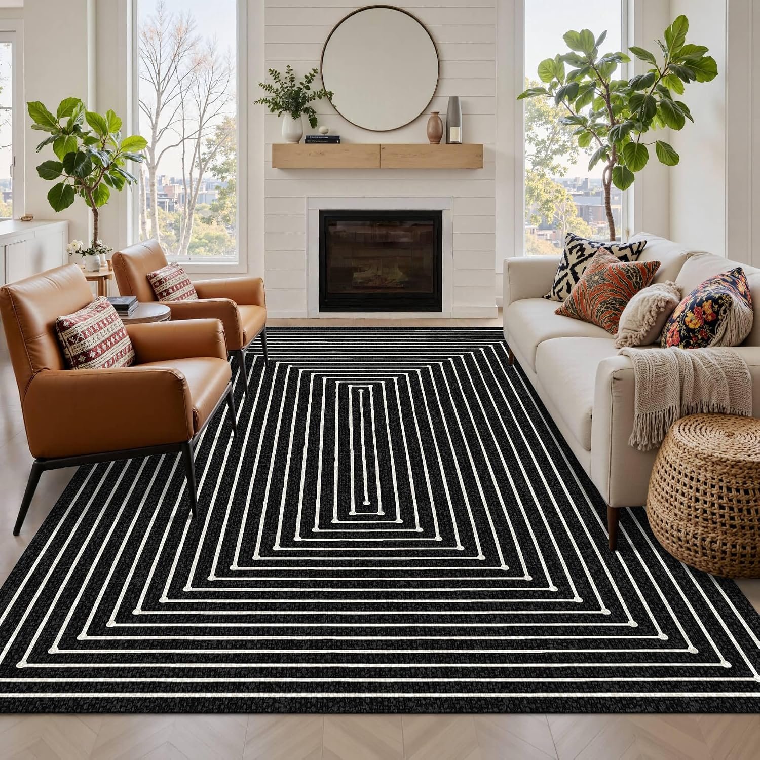Latte&Fog 5×7 Area Rugs for Living Room Bedroom, Modern Abstract Washable Rug, Boho Non Slip Low Pile Carpet for Indoor Dining Room, Office, Dorm, Classroom, Farmhouse and Kids Room – Indigo Black
