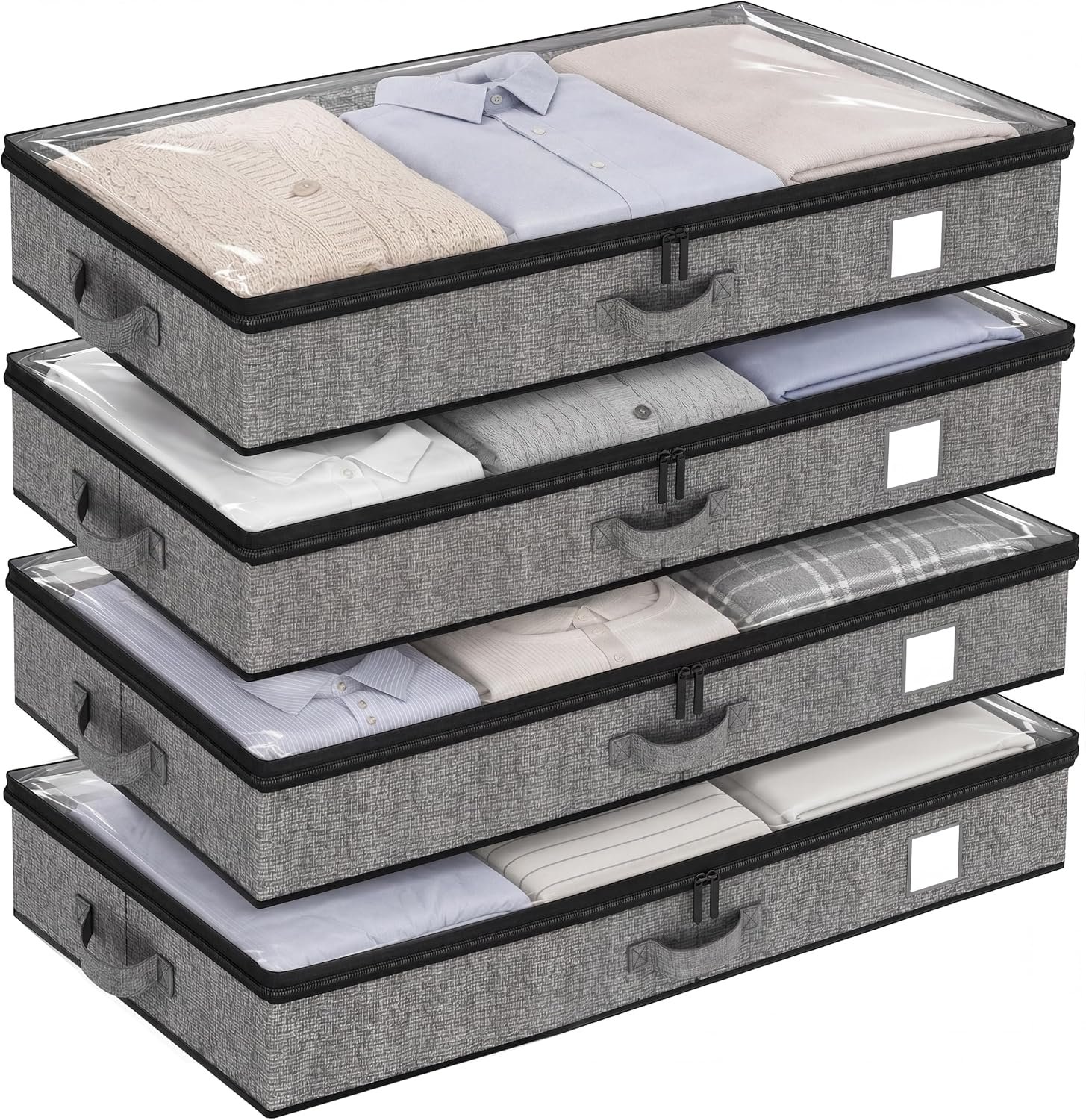 Fixwal Under Bed Storage Containers 4 Pack, Reinforced Underbed Organizer Below 4.5 Inches Low Profile Clothes Storage Bins with Sturdy Sidewalls and Bottom