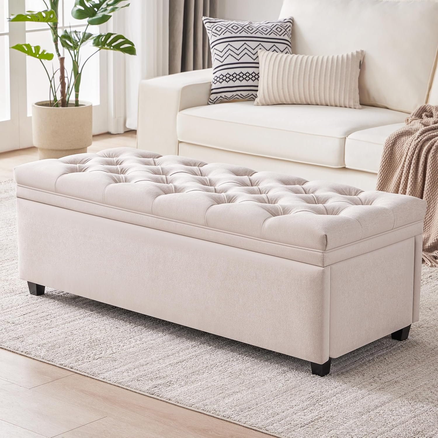 Mangodan 50″ Storage Ottoman Bench, Tufted Ottoman with Storage for Living Room, Large End of Bed Ottomans, Modern Entryway Benchs, Window & Bedroom Benches for Foot of Bed (Beige)
