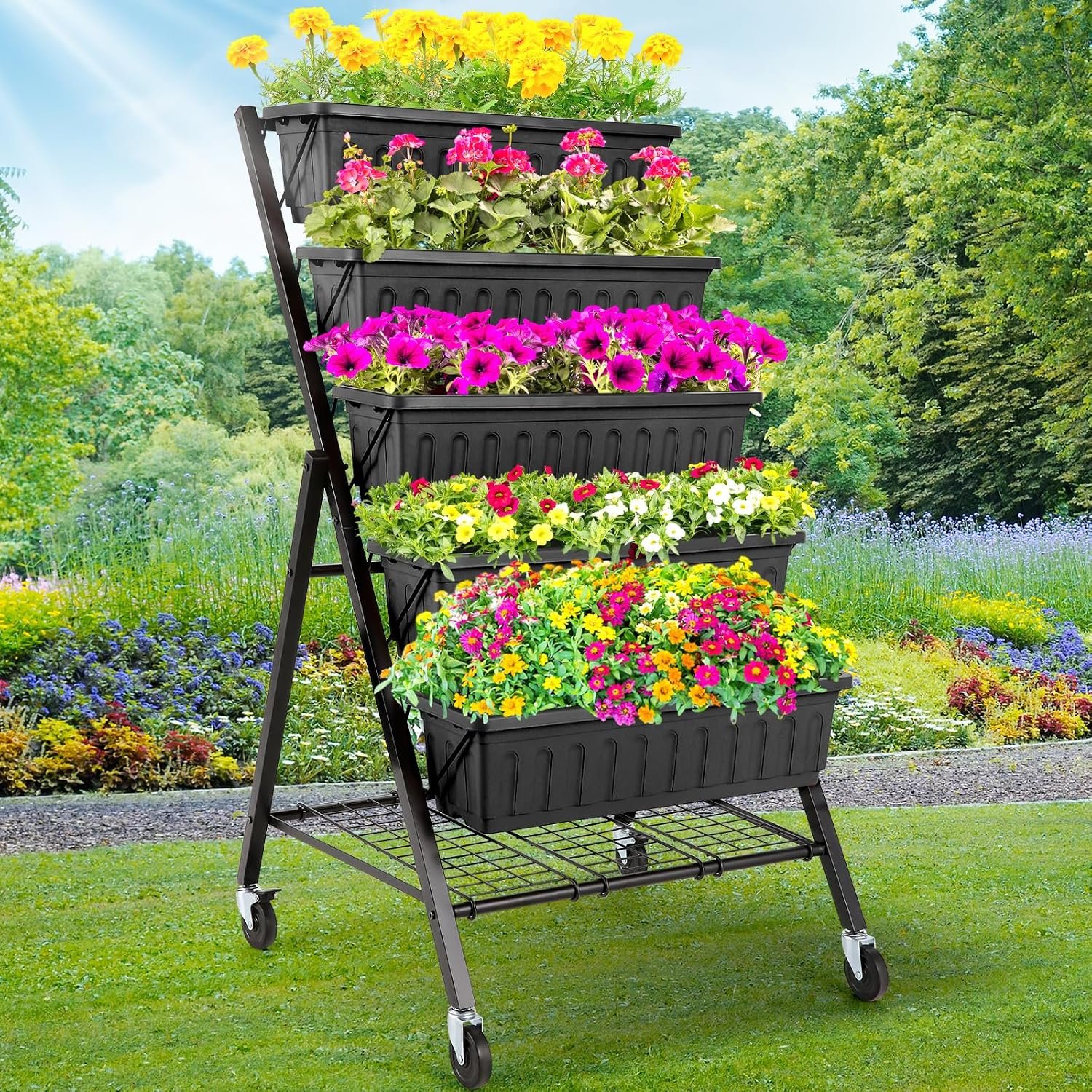 Homdox 5-Tier Vertical Garden Bed with Lockable Caster Wheels and Storage Rack – 4FT Vertical Raised Bed with 5 Garden Planter Boxes- Perfect to Grow Vegetables Herbs Flowers Indoor(Black)