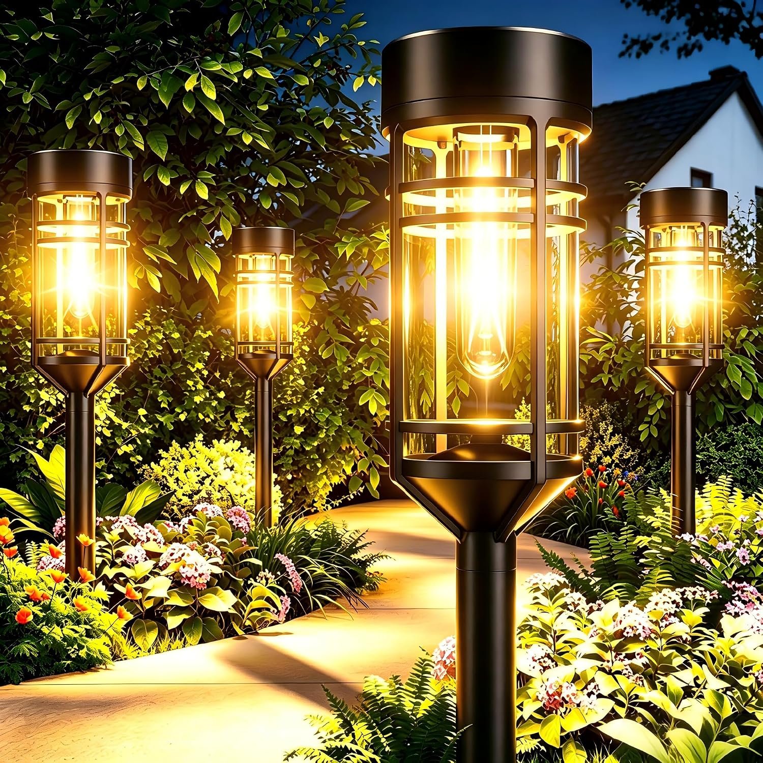 Amzarp 8 Pack Solar Garden Lights, Bright LED Solar Pathway Lights Outdoor IP65 Waterproof Rugged Shatterproof Auto On/Off for Landscape Garden Yard Walkway Driveway Lawn Lighting (3000K Warm White)
