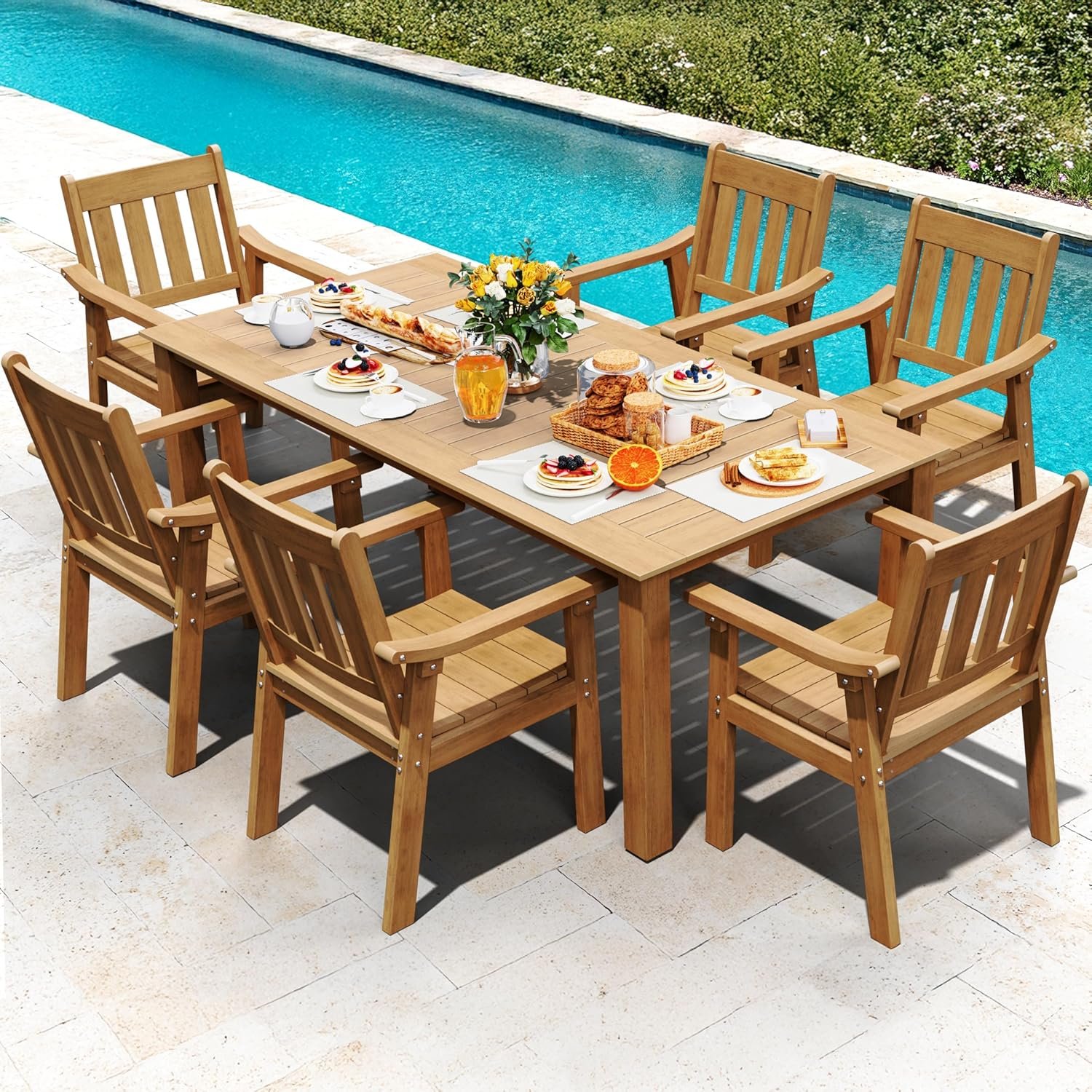 YEFU HIPS Patio Table Set: 7 Piece Outdoor Table and Chairs Dining Furniture Set with Umbrella Hole – Teak Modern Plastic Dining Sets 6 Person for Outside Deck with Metal Aluminum Frame