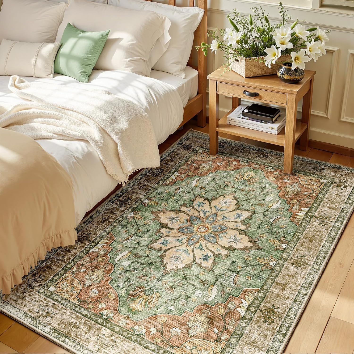 RELEANY Area Rugs 3’x5′ Washable Non-Slip, Floral Vintage Distress Medallion Carpet for Living Room Bedroom Dining Room, Terracotta Burnt Orange Green