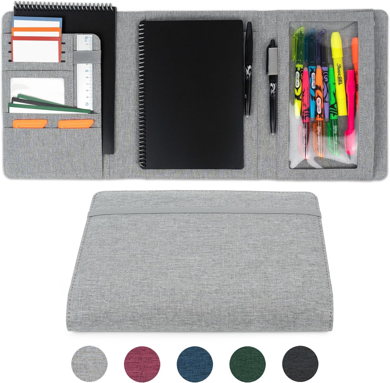 Sturdy Planner Cover for Rocketbook Smart Notebook – Water-Resistant Fabric Padfolio, Business Padfolio with Zipper Pen Pocket, Fits Executive Size A5, Rocketbook Accessories (Gray)