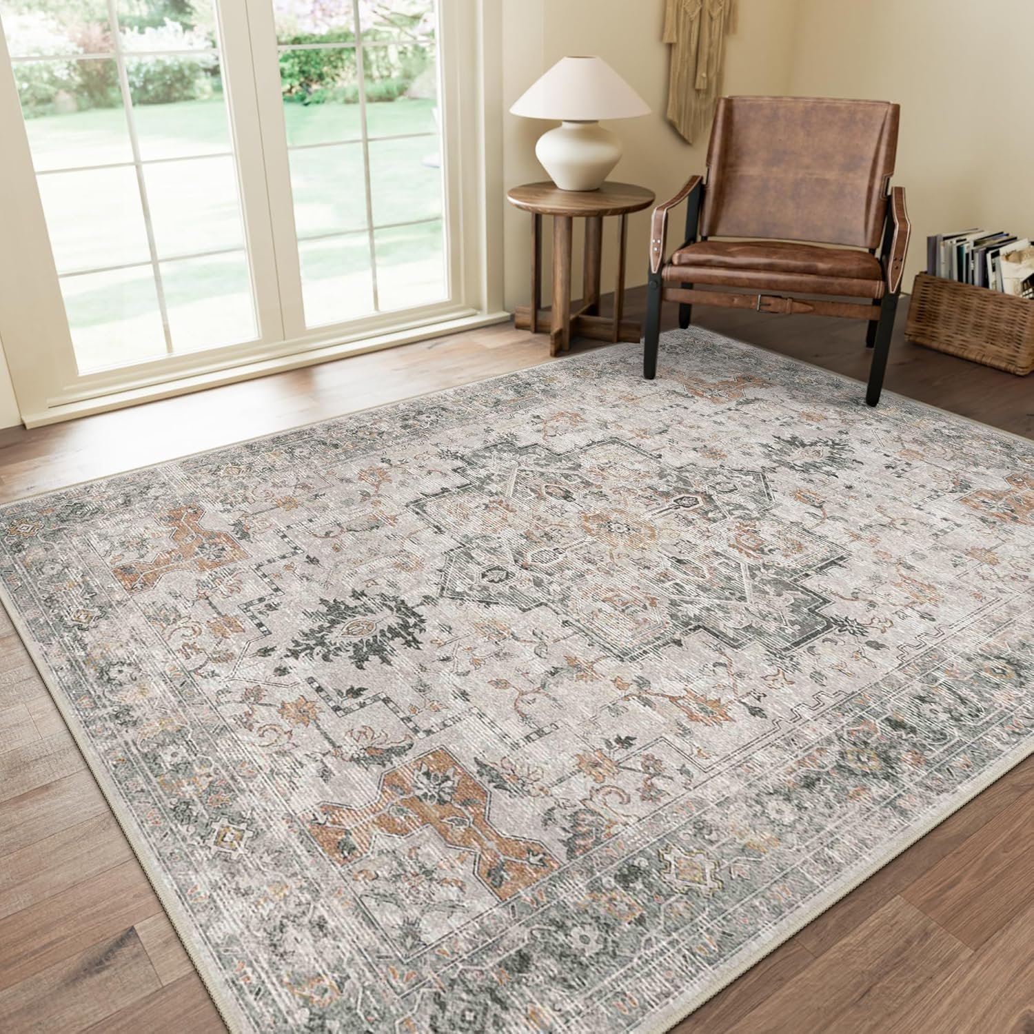 GENIMO 8×10 Area Rugs for Living Room, Machine Washable Non Slip Vintage Area Rugs, Low Pile Lightweight Print Rug for Bedroom, Dining Room, Home Office, Light Taupe Brown