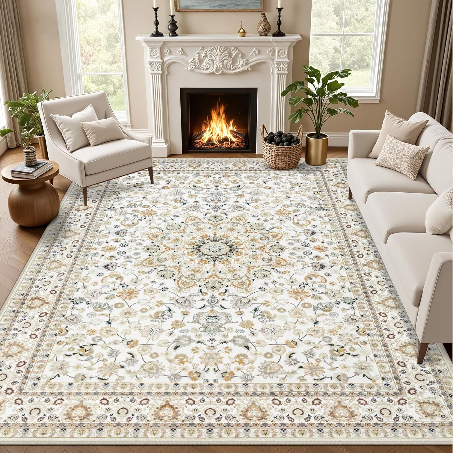 5×7 Area Rugs Living Room Rug: Washable Vintage Boho Rug No Slip Stain Resistant Soft Carpet Indoor Floor Floral Large Carpets for Bedroom Dining Room Farmhouse Nursery Hallway Home Office Beige
