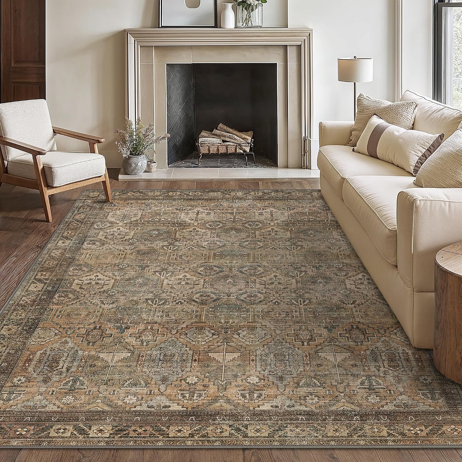Bavni Washable Rug 8×10 Area Rug for Living Room Bedroom Dining, Washable Vintage Print Carpet, Ultra-Thin Chenille Low Pile Lightweight Rug with Non Slip Backing, Warm Taupe