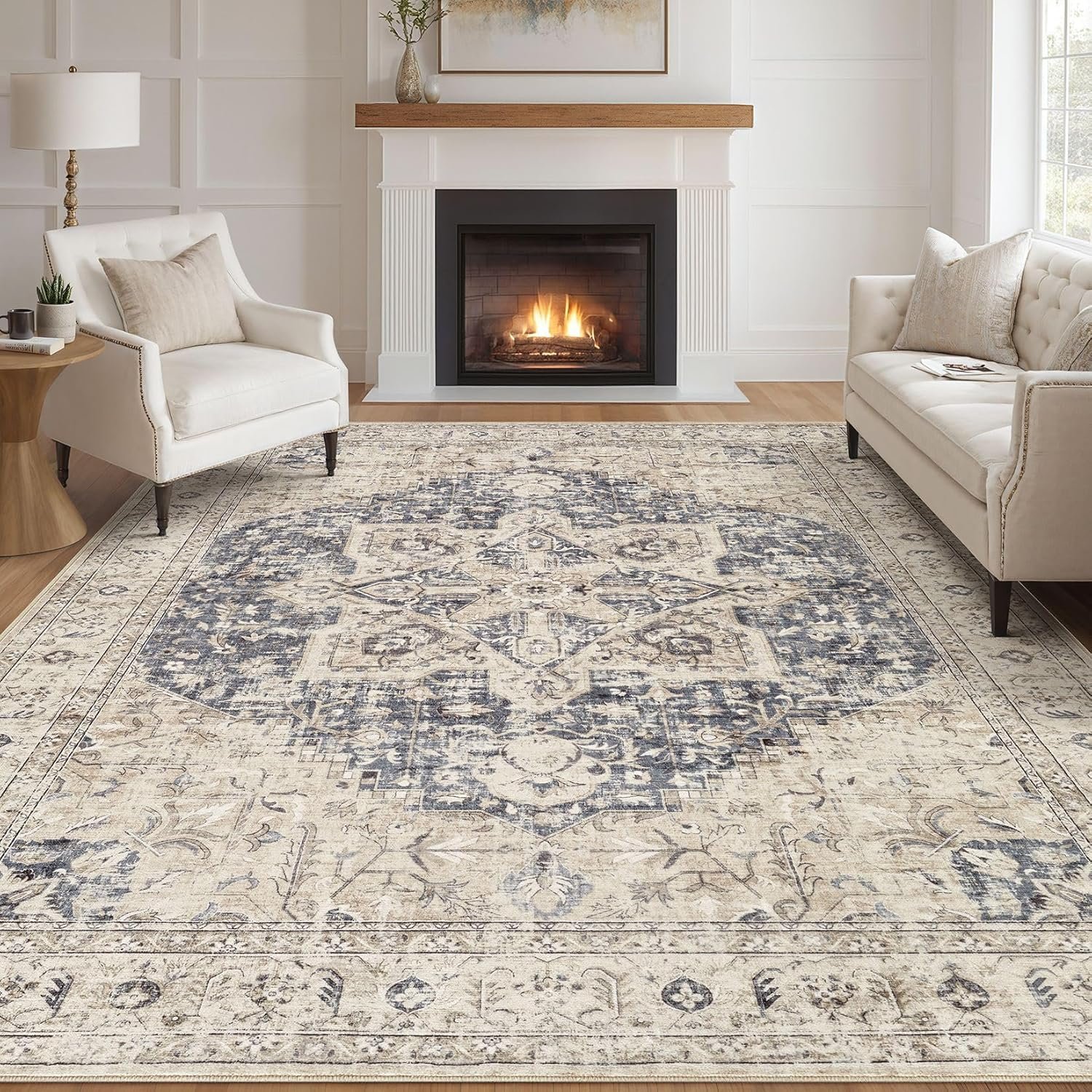 Tortania Area Rug Living Room Rugs – 9×12 Washable Boho Rug Vintage Oriental Distressed Farmhouse Large Thin Indoor Carpet for Living Room Bedroom Under Dining Table Home Office – Cream Blue