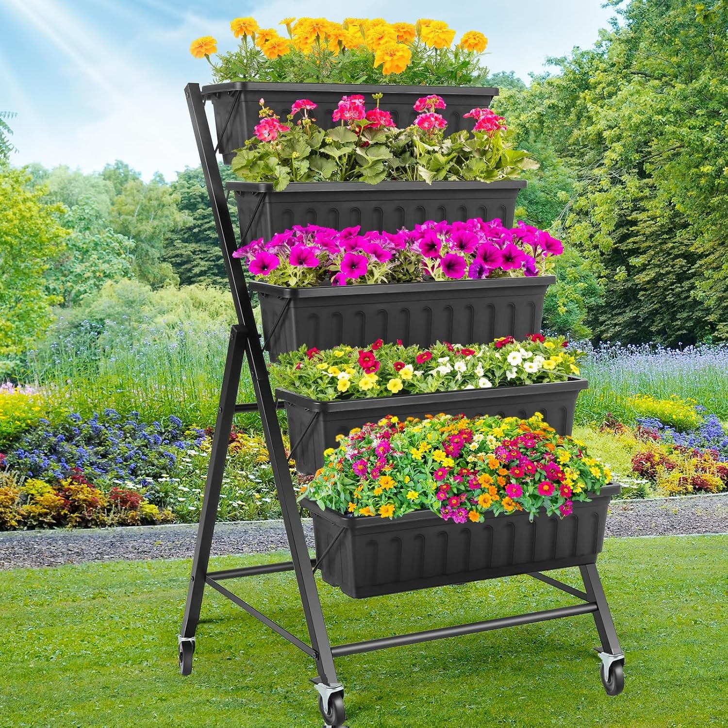 Homdox 5-Tier Elevated Garden Bed with Lockable Caster Wheels – Freestanding Vertical Raised Bed with 5 Garden Planter Boxes- Perfect to Grow Vegetables Herbs Flowers Indoor(Black)