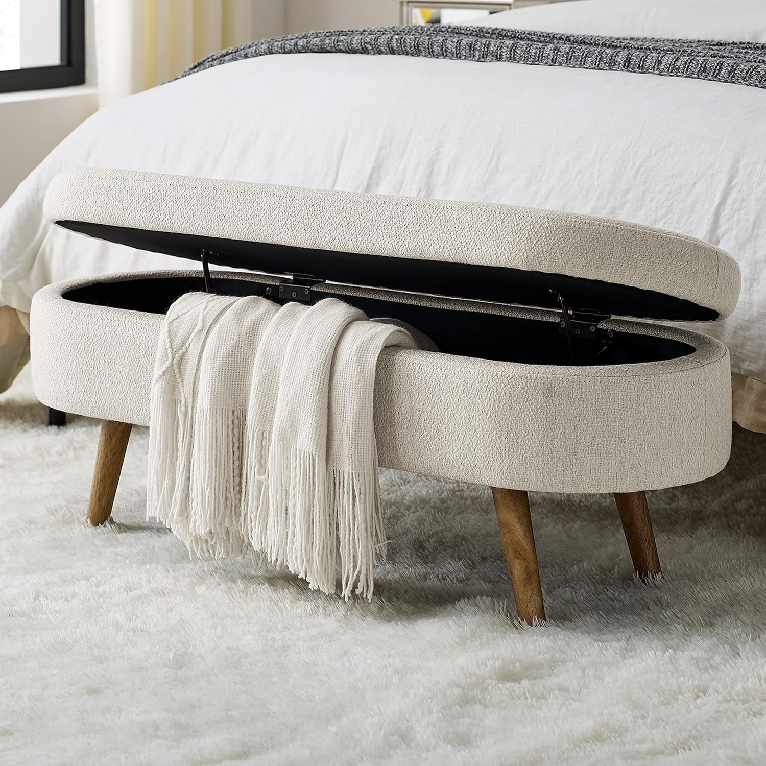 43.5″ Ottoman with Storage, Storage Ottoman Bench with Safety Hinge, Linen End of Bed Bench, Upholstered Entryway Bench for Bedroom, Living Room & Window, Holds up to 330 lb, Beige