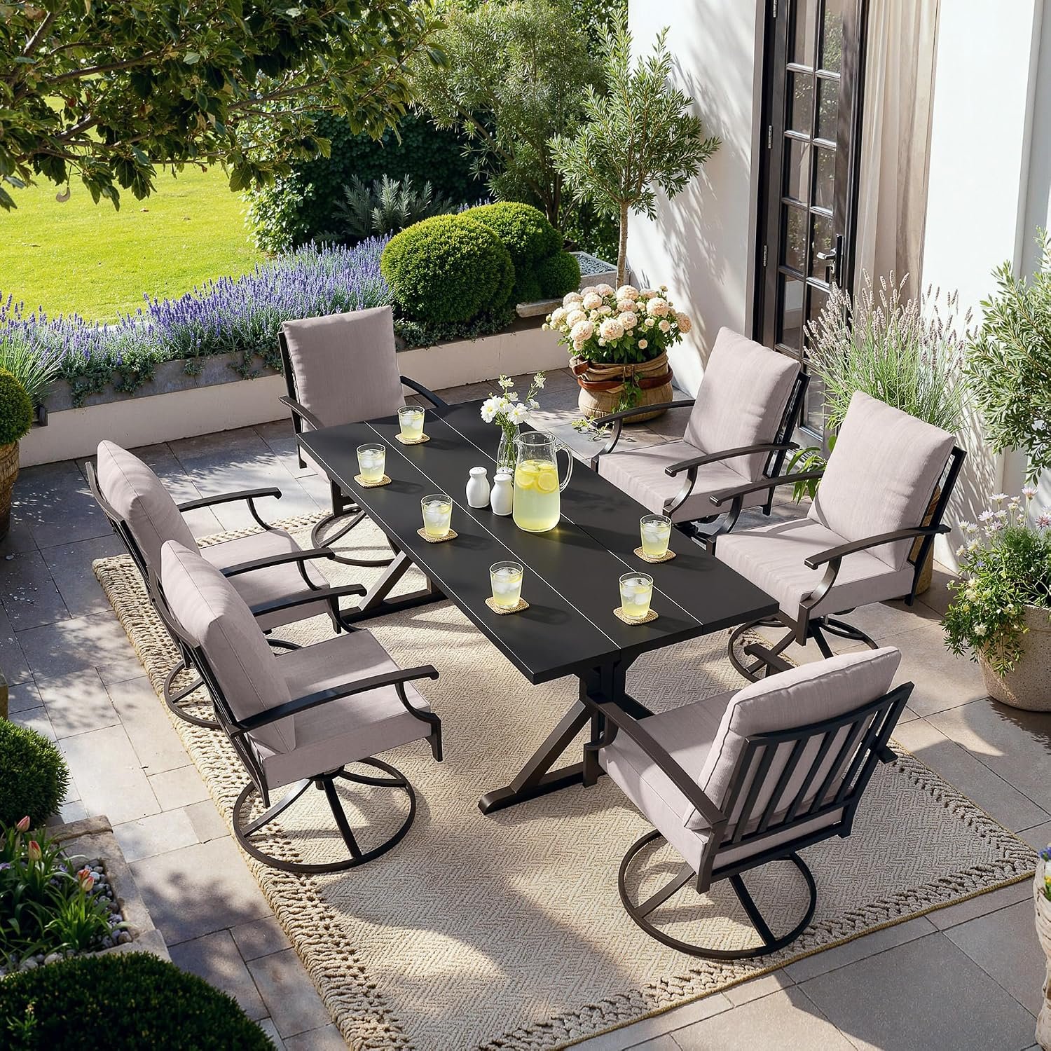 Kullavik 7 Pieces Outdoor Dining Set,Patio Dining Table and Chairs Set for 6,Fence Pattern Back Swivel Chairs with Thickened Cushions & X-Frame Metal Dining Table with Umbrella Hole for Patio,Sand
