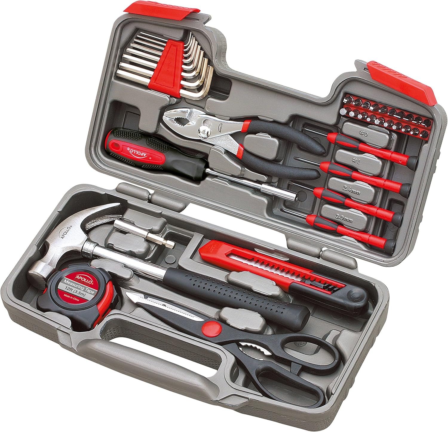Apollo Tools Original 39 Piece General Household Tool Set in Toolbox Storage Case with Essential Hand Tools for Everyday Home Repairs, DIY and Crafts Red/Black – DT9706