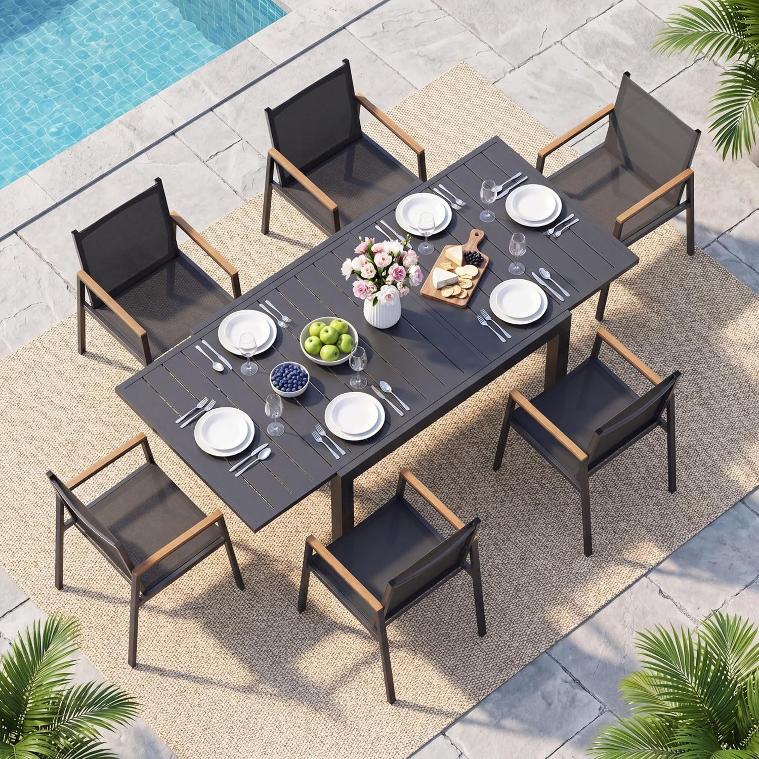 Outdoor Aluminum Patio Dining Table Set for 6 Person, Expandable Outdoor Table and 6 Chairs with Textilene Fabric & HDPS Armrest, All-Weather Patio Furniture Set for Yard, Garden, Gray