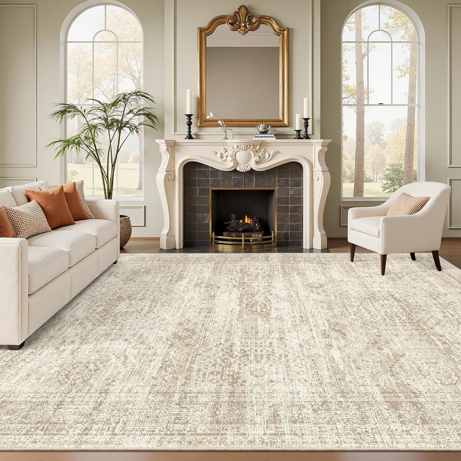 Soalmost Washable Area Rug 8×10, Large Soft Rugs for Living Room Vintage Beige Carpet 8×10 Area Rugs for Bedroom Dining Room Non-Slip Stain Resistant Under Table Rug