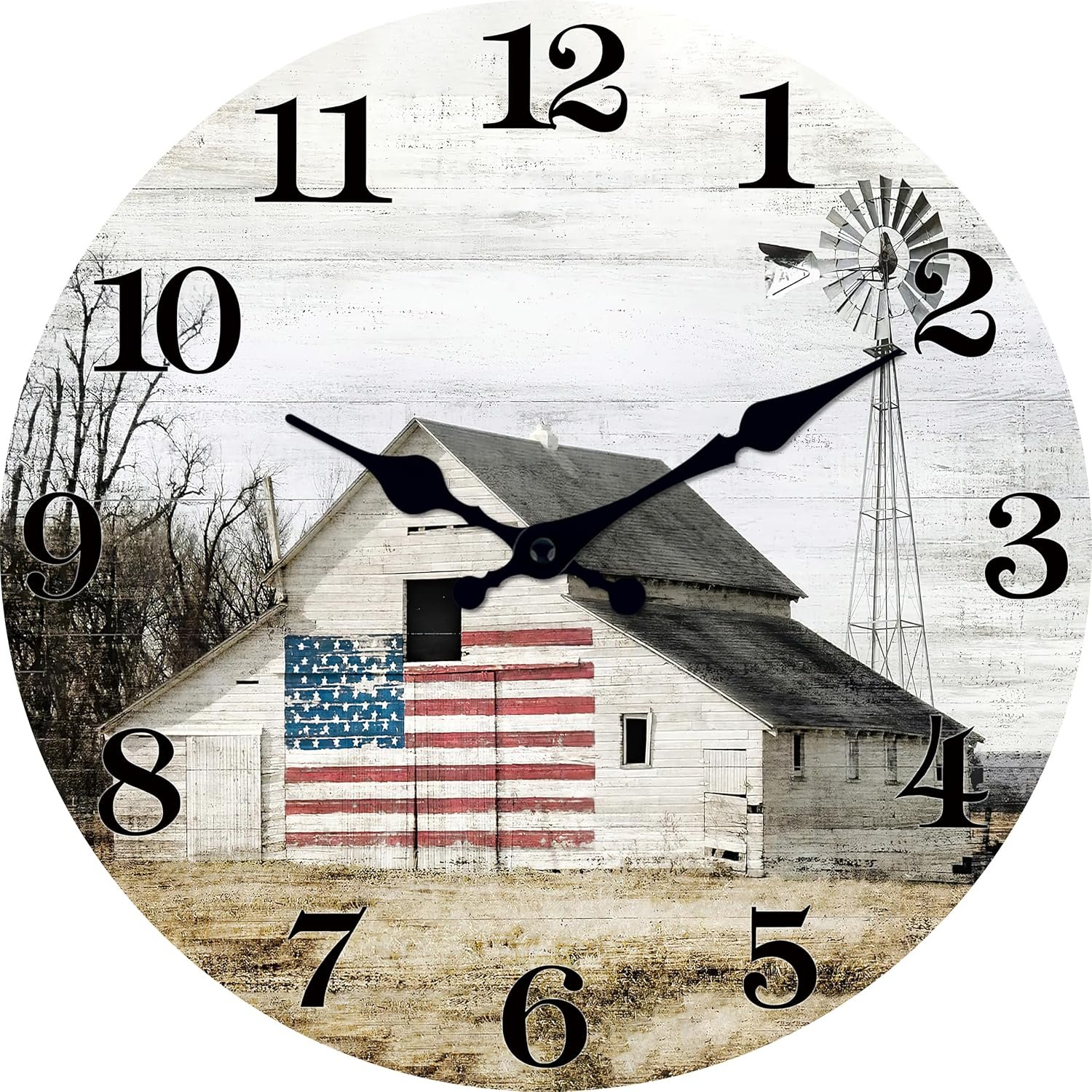 XFM Farmhouse Wall Clock 12 Inch Silent Non-Ticking Battery Operated Rustic Barn Wooden Clocks Country Round Clock for Kitchen Bedroom Living Room
