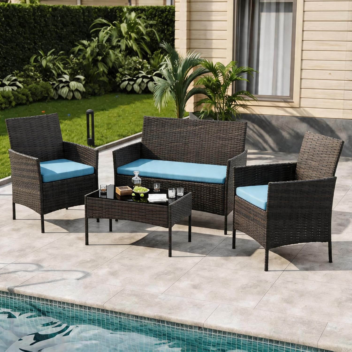 4-Piece Outdoor Furniture Set, PE Rattan Wicker Chairs with Soft Cushions & Tempered Glass Coffee Table – All-Weather Patio Set for Garden, Backyard, Porch, Poolside (Brown/Dark Blue)