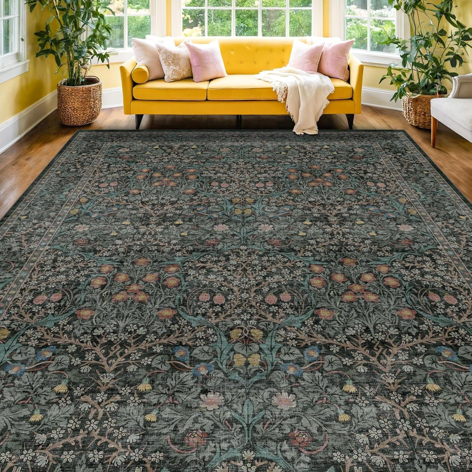Vintage Dark Green Living Room Rug, 8×10 Washable Area Rugs for Dining Room Under Kitchen Table, Bedroom, Oriental Low Pile Stain Resistant Non-Slip Large Carpet (8×10 Dark Green)