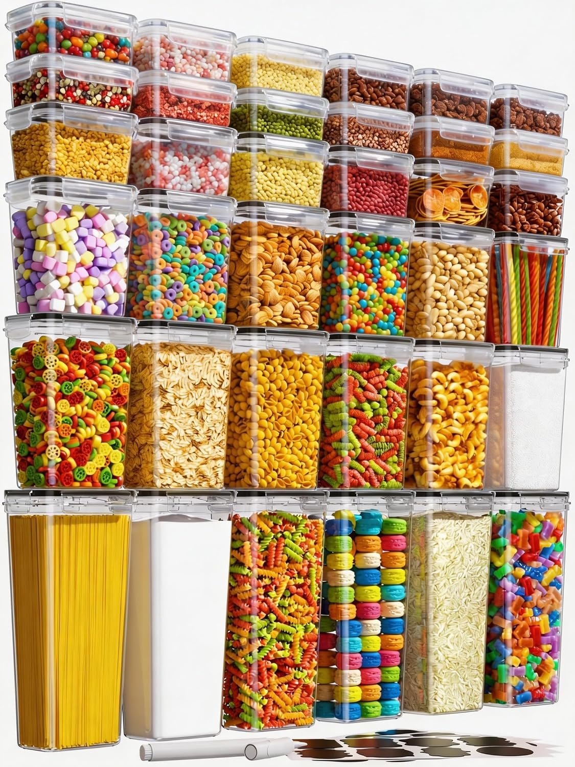 KEMETHY 36 PCS Airtight Food Storage Containers with Lids, Kitchen Pantry Organization and Storage, BPA-Free Plastic Scale Food Canisters for Cereal, Flour, Sugar, Dry Food, Include Labels & Marker