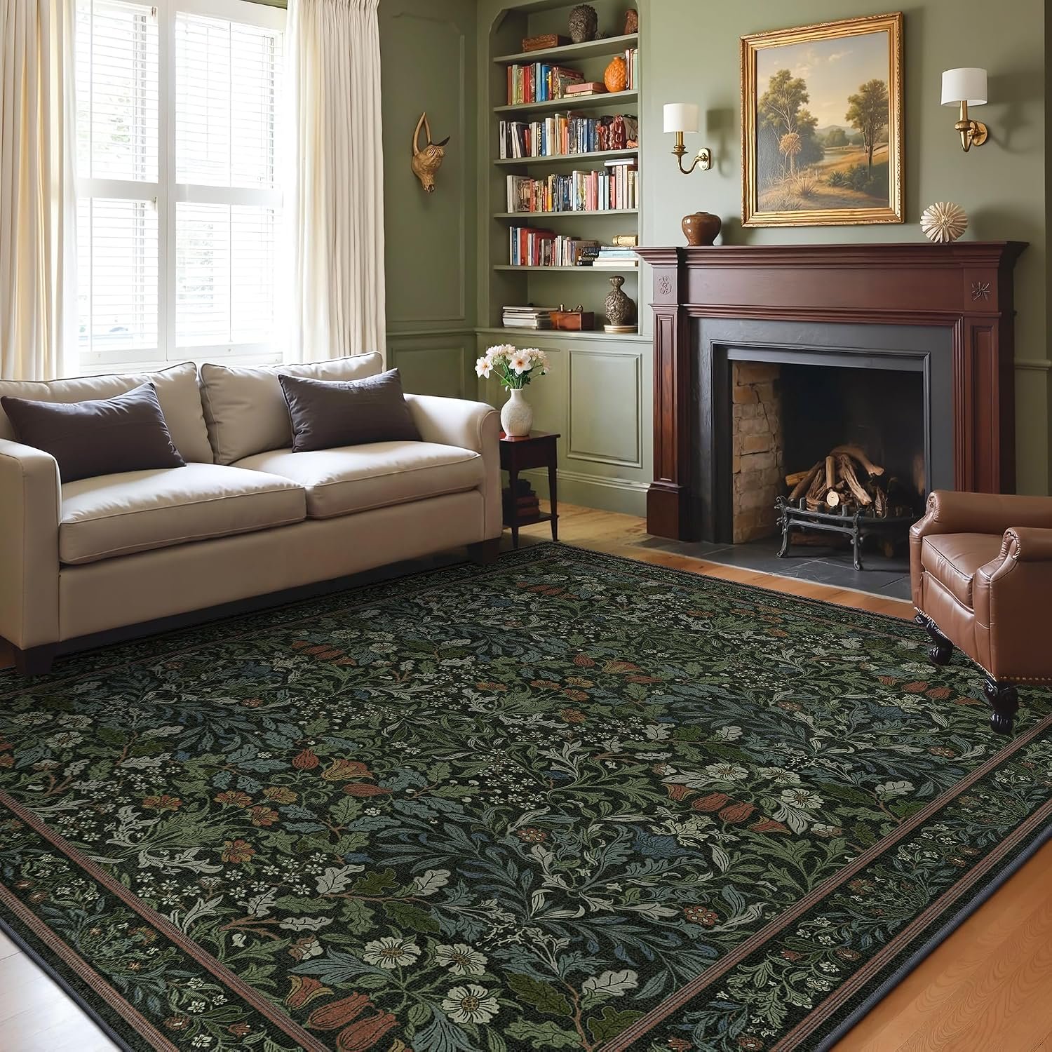 GENIMO 8×10 Area Rug, Washable Non Slip Vintage Boho Floral Carpet, Large Soft Low Pile Rug for Living Room Bedroom Dining Room Nursery, Dark Green