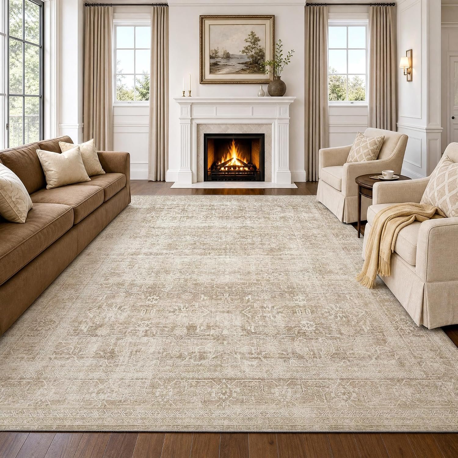 Beauoop 8×10 Washable Area Rug Beige Vintage Distressed Neutral Oriental Large for Living Room Cream Indoor Soft Traditional Retro Non Slip Low Pile Rug for Bedroom Dining Room Kitchen Office Nursery