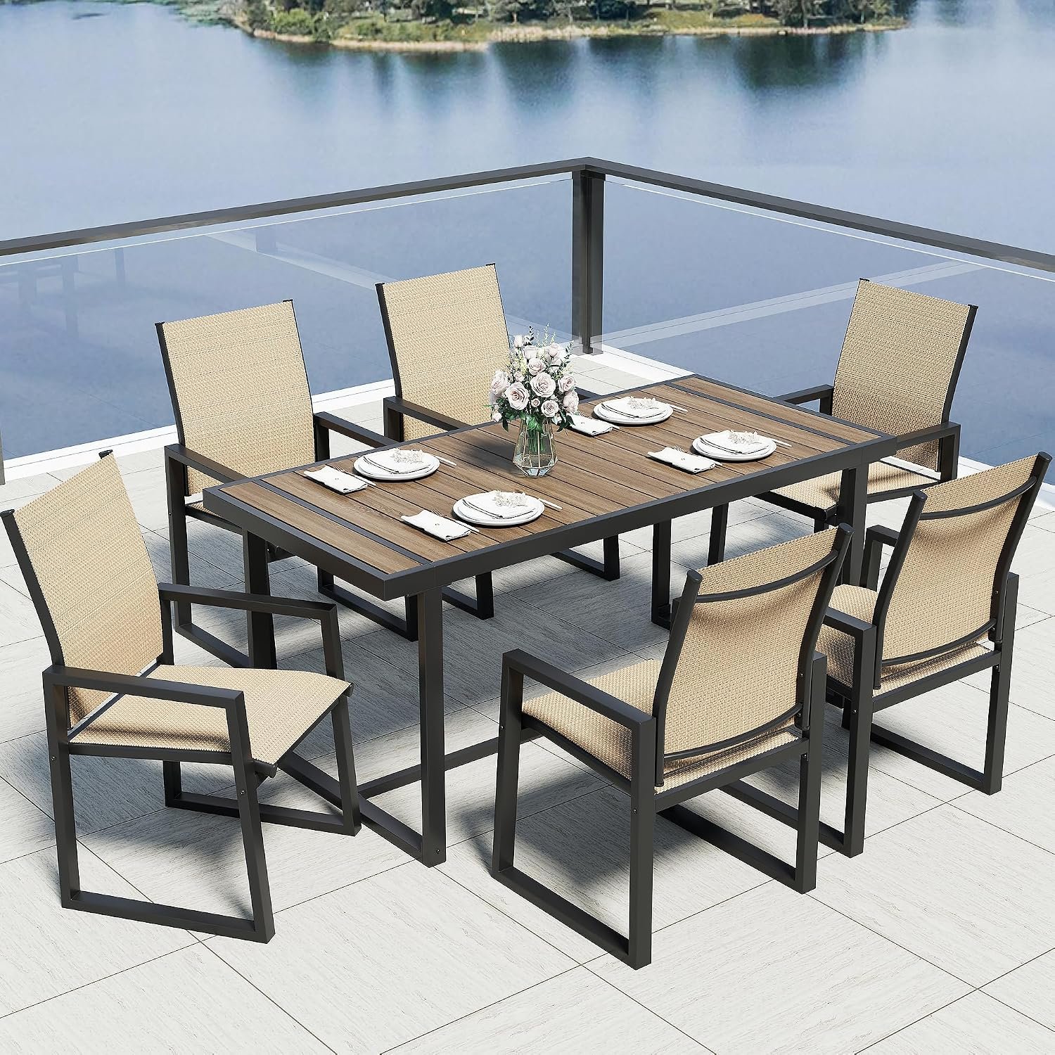 Jocoevol 7 Piece Patio Dining Set for 6, Outdoor Furniture Set Includes 67″ Rectangle Patio Table and 6 Textilene Dining Chairs, Outdoor Table and Chairs for Outsides, Backyard, Garden and Poolside