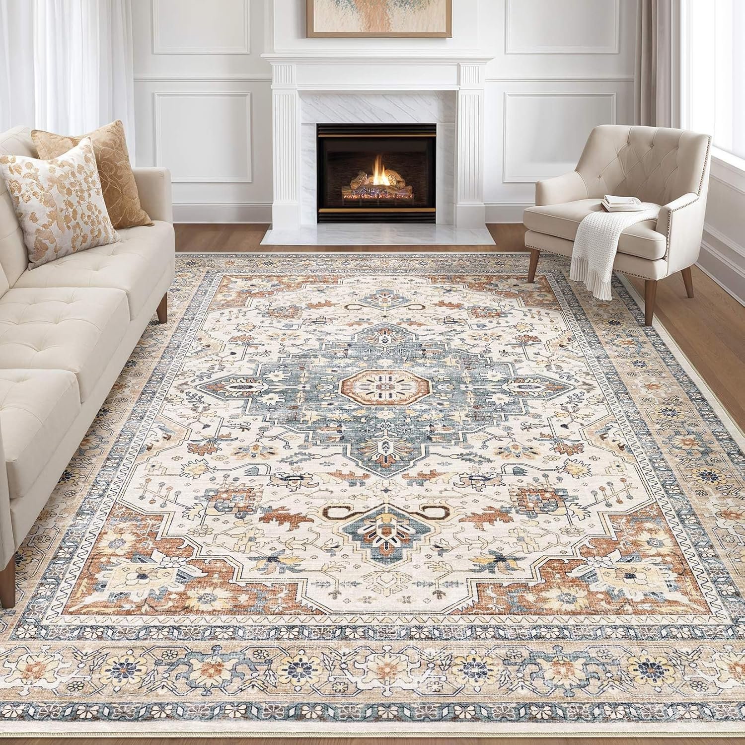 8×10 Area Rugs Living Room: Washable Boho Large Neutral Vintage Soft Rug Stain Resistant Distressed Farmhouse Non-Slip Indoor Floor Carpet for Bedroom Nursery Kids Office Dining Room- Beige Blue