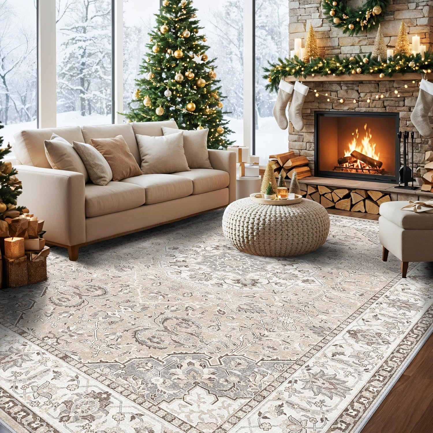 10×14 Washable Vintage Area Rug – Large Rugs for Living Room Soft Stain Resistant Carpet with Non-Slip Backing Low Pile Water Resistant Rug for King Size Bed Pet Friendly Home Decor Mat(10×14 Beige)